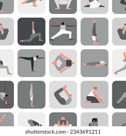Vector seamless pattern yoga poses. Flat monochrome illustrated collection on square shape with hispanic, african american, caucasian women making sport trainings: asanas, stretchening and meditation