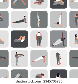 Vector seamless pattern yoga poses. Flat monochrome illustrated collection on square shape with asian, african american and caucasian women making sport exercises like asanas, stretchening training