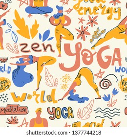 Vector seamless pattern with yogis and yoga symbols in flat folk style