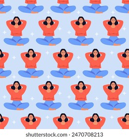 Vector seamless pattern. Young Asian girl doing yoga. Relaxation and meditation postures. Self-care. Textiles, packaging, web design. Vector illustration.
