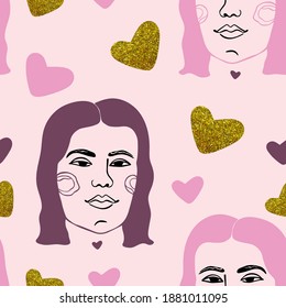 Patrón vectorial sin fisuras de las jóvenes. Patrón de colores rosados, corazones brillantes rosados y dorados. Diseño para impresión en textiles, embalaje, papel y papel pintado.