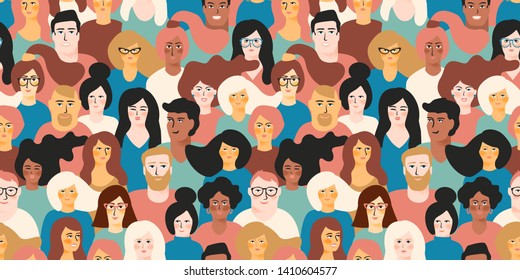 Vector seamless pattern with young men and women with different skin color. Design element.