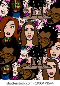 Vector seamless pattern with young men and women with different skin color.illustration of comic style