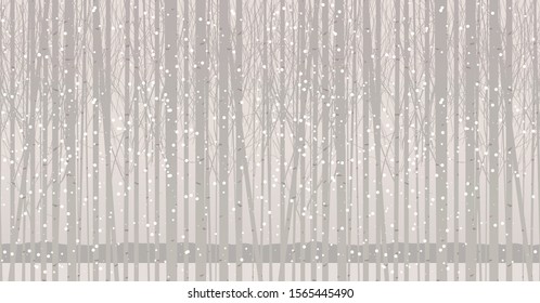 Vector seamless pattern with young trees. Winter grove with birches, poplars or aspens in the snow. Decorative abstract background with snow-covered slender trees. Twilight landscape