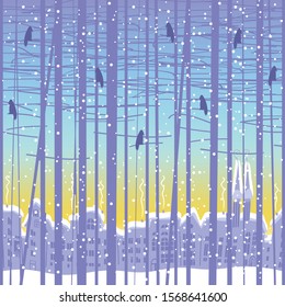 Vector seamless pattern with young trees and birds against the town houses. Decorative background with slender trees and evening cityscape. Winter twilight landscape with snow-covered park and crows