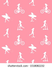 Vector seamless pattern of young women silhouette with surf, skate, scooter and bicycle isolated on pink background. Different active girls illustration
