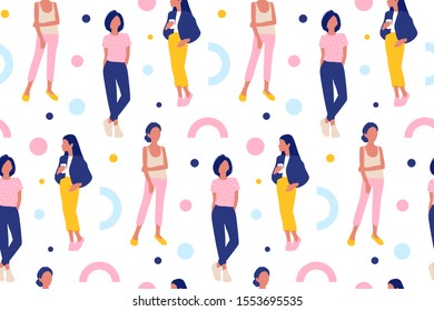 Vector seamless pattern with young women in modern style. Young People background. Fashion girls in trendy clothes repeat design. Colorful People illustration in flat style. Female characters.