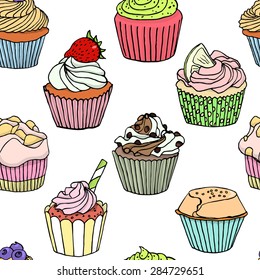Vector seamless pattern with yummy hand drawn desserts. Beautiful design elements for pastry shops, coffee houses, cafes or any other business related to the catering.