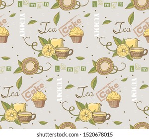 Vector seamless pattern. Yummy sketch cake and tea