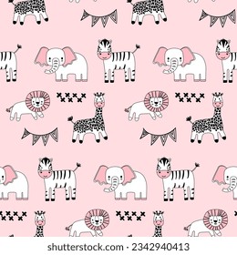 Vector seamless pattern with zebra, elephant, tiger, giraffe.Tropical jungle cartoon creatures.Pastel animals background.Cute natural pattern for fabric, childrens clothing,textiles,wrapping paper.