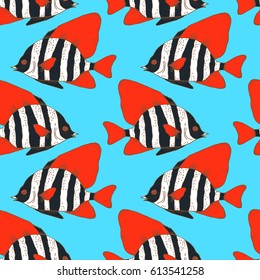 Vector seamless pattern with zebra fish, coral fish hand drawn colorful illustration. Sketch with black and white striped boarfish, marine animal
