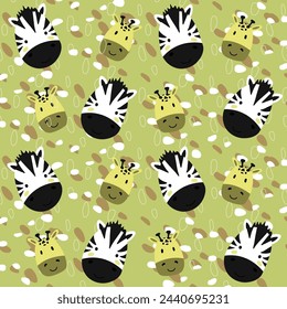 Vector seamless pattern with zebra, giraffe.Tropical jungle cartoon creatures.Pastel animals background.Cute natural pattern for fabric, childrens clothing,textiles,wrapping paper.