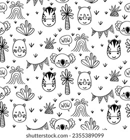 Vector seamless pattern with zebra, koala, rhinoceros.Tropical jungle cartoon creatures.Pastel animals background.Cute natural pattern for fabric, childrens clothing,textiles,wrapping paper.