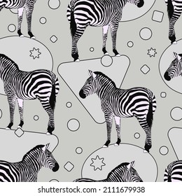 Vector seamless pattern with zebra silhouette  and simple shapes. Minimalistic animal illustration. Design for fabric print, paper, wallpaper, background