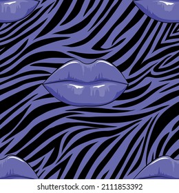 Vector Seamless pattern of Zebra skin with Lips in purple and back background, Wild Animals pattern for textile or wallpaper, illustration endless designs print in Trendy 2022 Very Peri colour