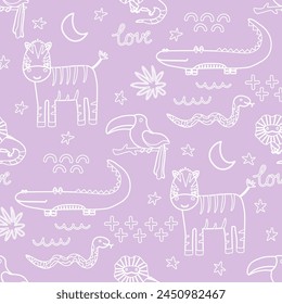 Vector seamless pattern with zebra, snake, toucan, crocodile.Tropical jungle cartoon creatures.Pastel animals background.Cute natural pattern for fabric, childrens clothing,textiles,wrapping paper.