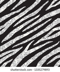 Vector seamless pattern of zebra tiger silver glitter stripes print isolated on black background