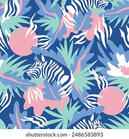  Vector seamless pattern with zebra and tropical leaves. Exotic endless background. ANimalistic zoo pattern design for fabric or wallpaper in blue and pink colors.