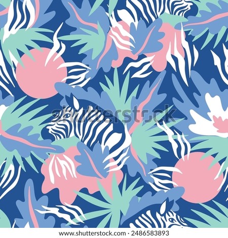  Vector seamless pattern with zebra and tropical leaves. Exotic endless background. ANimalistic zoo pattern design for fabric or wallpaper in blue and pink colors.