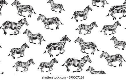 Vector seamless pattern of zebras. Chaotic galloping zebras