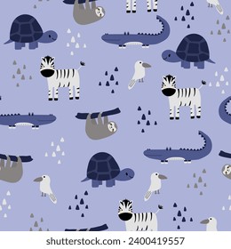 Patrón vectorial sin fisuras con cebra, pereza, cocodrilo, pájaro, tortuga.Criaturas de dibujos animados de la jungla tropical.Antecedentes de animales pasteles.Patrón natural para tela, ropa infantil, textiles, papel envolvente.