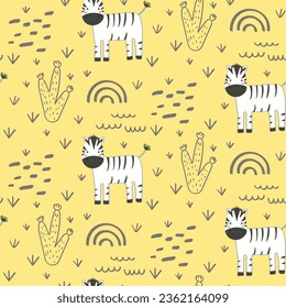 Vector seamless pattern with zebra.Tropical jungle cartoon creatures.Pastel animals background.Cute natural pattern for fabric, childrens clothing,textiles,wrapping paper.