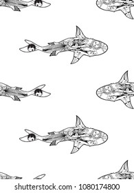 Vector seamless pattern of zentangle shark on white background. Coloring page book anti stress for adult shark top view.