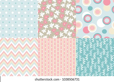 Vector seamless pattern. Zigzag, polka dot, flowers, leaves branches, striped rounds Pastel colors