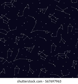 Vector seamless pattern with zodiac constellation. Space star pattern for paper, textile, polygraphy, t-shirt, game, web design