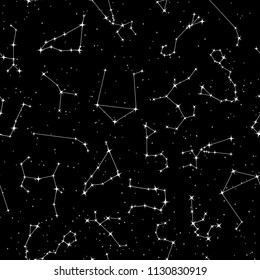 vector seamless pattern with zodiac constellations in the night star sky. aries, taurus, gemini, cancer, leo, virgo, libra, scorpio, sagittarius, capricorn, aquarius, pisces, on a black background