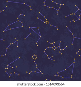 Vector seamless pattern with zodiac constellations. Ancient celestial elements for textile and print design.