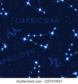 Vector seamless pattern with zodiac sign. Capricorn constellation in the starry sky. Realistic shining stars on a dark blue background.