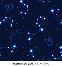 Vector seamless pattern with zodiac sign. Leo constellation in the starry sky. Realistic shining stars on a dark blue background.