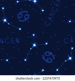 Vector seamless pattern with zodiac sign. Cancer constellation in the starry sky. Realistic shining stars on a dark blue background.