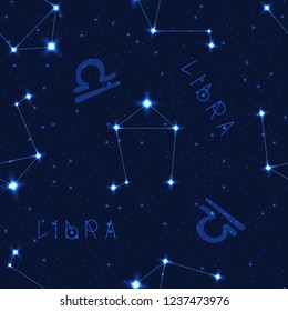 Vector seamless pattern with zodiac sign. Libra constellation in the starry sky. Realistic shining stars on a dark blue background.
