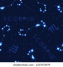 Vector seamless pattern with zodiac sign. Scorpio constellation in the starry sky. Realistic shining stars on a dark blue background.