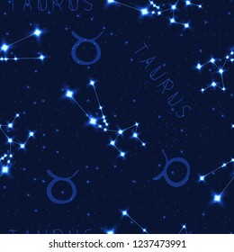 Vector seamless pattern with zodiac sign. Taurus constellation in the starry sky. Realistic shining stars on a dark blue background.