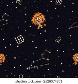 Padrão de vetor sem emenda com o signo zodíaco Leo. Tema astrológico. Fundo com céu estrelado e constelação para papel de embrulho, presente, decoração