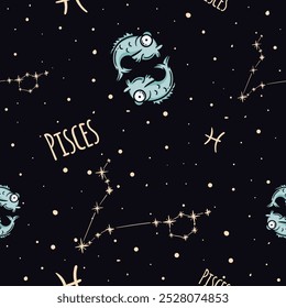 Patrón de Vector sin fisuras con el signo del zodiaco Piscis. Tema astrológico. Fondo con cielo estrellado y constelación para envolver papel, regalo, decoración