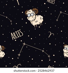 Padrão de vetor sem emenda com o signo zodíaco Aries. Tema astrológico. Fundo com céu estrelado e constelação para papel de embrulho, presente, decoração