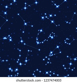 Vector seamless pattern with zodiac signs constellation in the starry sky. aries, taurus, gemini, cancer, leo, virgo, libra, scorpio, sagittarius, capricorn, aquarius, pissces