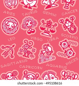 Vector Seamless Pattern of Zodiac Signs. Zodiac Symbols in Cartoon Style. Colored Seamless Background on Pink Background.