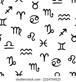 Vector seamless pattern with Zodiac symbols. Hand drawn design for wrappings, textile, wallpaper and backgrounds.