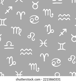 Patrón vectorial sin fisuras con símbolos zodiacos. Diseño dibujado a mano para envolturas, textiles, papel pintado y fondos.