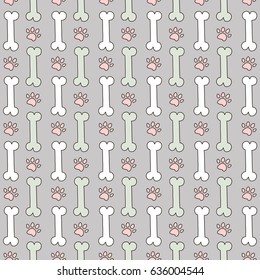 Vector seamless pattern for zoo shop. Background with bones and paws. White and mint bones, pink traces of dogs on gray background. Veterinary backdrop. Can be used for wrapping paper, banners design