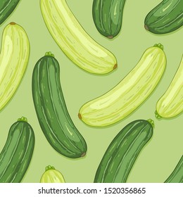Vector Seamless Pattern of Zucchini Fruits on Green Background