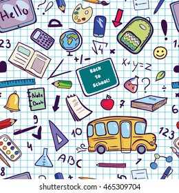 Vector Seamless Pattern.Back To School Cartoon Background With School Supplies. Doodle Illustration.Perfect For Printing.