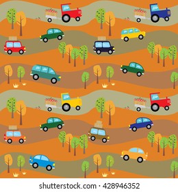 Vektorillustration nahtlos muster.Autos und Traktoren im wald