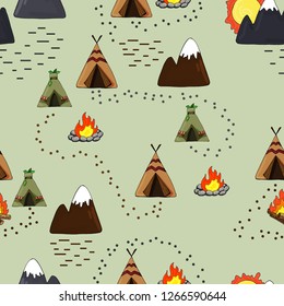 Vector seamless pattern.Childish illustration. Cartoon style. Hand drawn. Landscape. Teepees, campfires, mountains, rising sun. Great for wallpapers, postcard, fabric, textile, children's room decor.