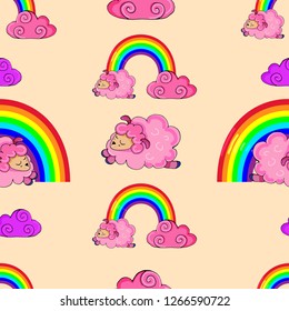 Vector seamless pattern.Childish illustration. Cartoon style. Hand drawn. Pink colored. Cute fluffy sheep, clouds and rainbow. Great for wallpapers, postcard, fabric, textile, children's room decor.